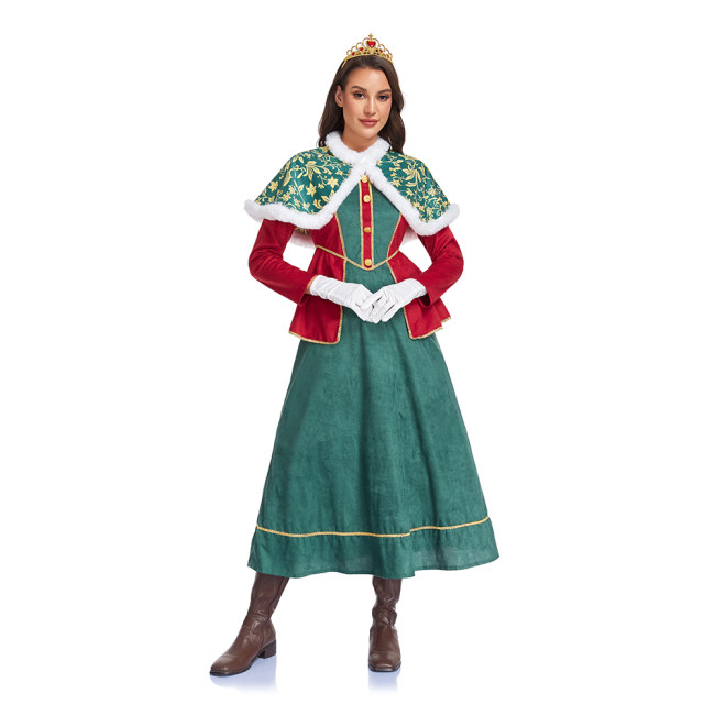 Santa Claus New Year's Party Women's Role-Playing Red and Green Dress and Cape Suit Queen Carnival Stage Performance Gown DL2083