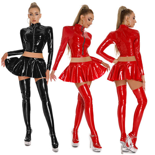 Sexy PU Leather Women's Skirts Sets Shiny Flared Pleated Skirts With Zipper Crop Tops Dance Clothing Punk XX6395