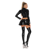 Sexy PU Leather Women's Skirts Sets Shiny Flared Pleated Skirts With Zipper Crop Tops Dance Clothing Punk XX6395