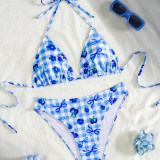 Blue Plaid Print String Halter Triangle Bikini Sexy Swimsuit Women 2026 Flower Ladies Swimwear Bathing Suit Bikinis Sets Mujer FF1285BL