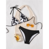 Sexy Black Portrait Print Swimwear String Halter Triangle Bikini Set Swimsuit Bathing Suit Bikinis CC602BK