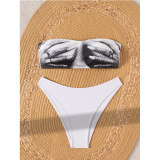  Bandeau Bikini Set Printed Two Piece with Adjustable Ties Sexy Trendy Swimsuit Summer Off Shoulder Bikini Top White Panties Set CC603BK