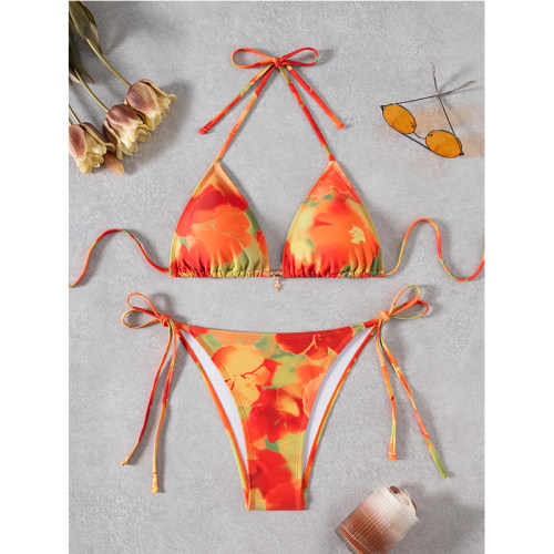 New Sexy Printed Backless Women's Split Swimsuit Casual Floral Pattern Lace up Three Ring Belt with Chest Cushion Bikini Set JY1057