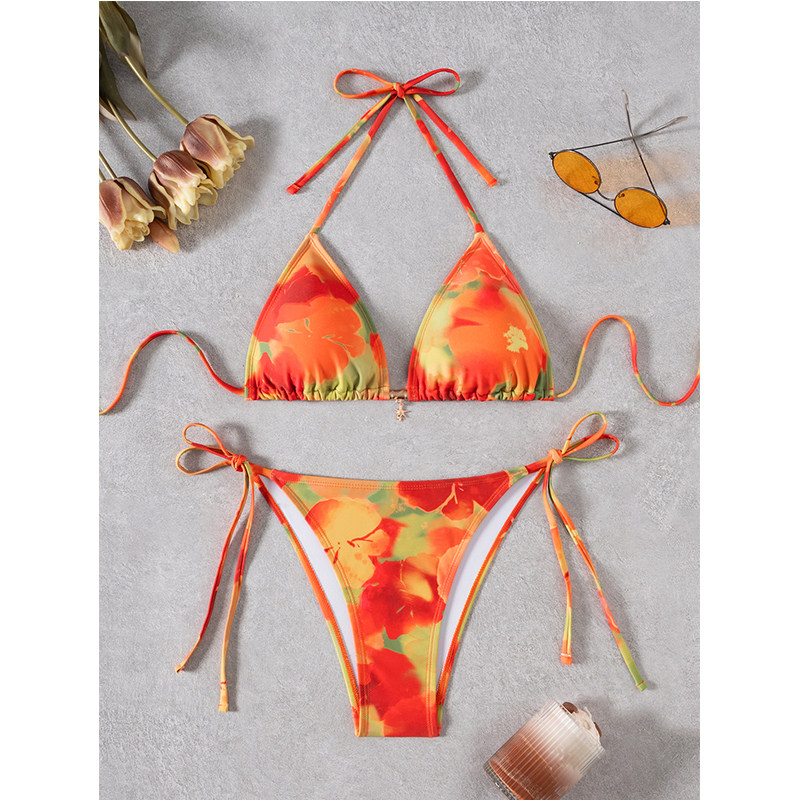 New Sexy Printed Backless Women's Split Swimsuit Casual Floral Pattern Lace up Three Ring Belt with Chest Cushion Bikini Set JY1057