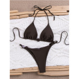 Women Thong Bikini Sexy Solid Coffee Halter Swimsuit Lace up Brazilian Bathing Suit New Double Fabric Beachwear  JY1066