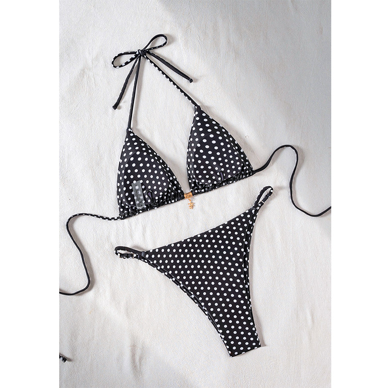 Dot Print Bikini Set Retro High Waisted Swimsuit Women Adjustable String Tie Two Piece Bathing Suit for Beach JY1051