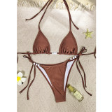 Sexy Coffee Bikini Set Women Pearls Strap Push up Bandage Thong Swimsuit Brazilian Summer Bathing Suit Micro Swimwear Set JY1073