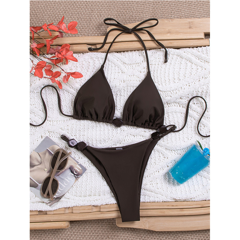 Women Thong Bikini Sexy Solid Coffee Halter Swimsuit Lace up Brazilian Bathing Suit New Double Fabric Beachwear  JY1066