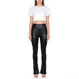 Sexy Girl Pants Featuring a Smooth Matte Leather Texture With Exposed Buttocks Tght Fit Long Length And Open At The Ankles N1135