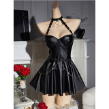 Women Sexy Faux Pu Leather Short Dress Hollow Metal Chain Halter Neck SleepDress Hanging Neck Nightgown C289