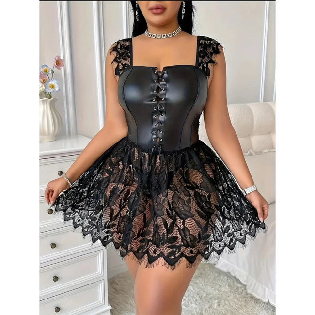 Fancy Lingerie Dress PU Leather Tie Up Lace Patchwork Sleep Dress Thong Brief See Through Sissy Adult Clothes Erotic Sleepwear C317