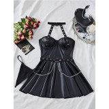 Women Sexy Faux Pu Leather Short Dress Hollow Metal Chain Halter Neck SleepDress Hanging Neck Nightgown C289