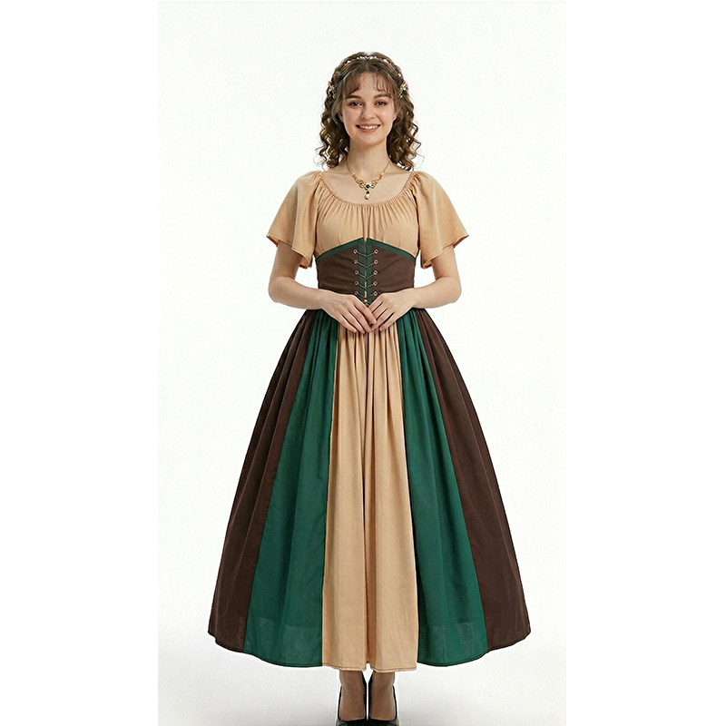 Halloween Costumes for Women Medieval Retro Contrasting Color Slim Swing Dress One-word Shoulder Dress Love Live Cosplay YM0819
