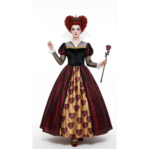 Women's Queen of Hearts Costume, Deluxe Long Dress with Heart Print for Halloween Cosplay, Themed Party YM8816