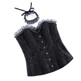Sexy Women Black Corset Bustier Vintage Gothic Elegant Lady Party Corsets Lace-up Mesh Ruffles Strapless Top Waist Trainer WKD6821