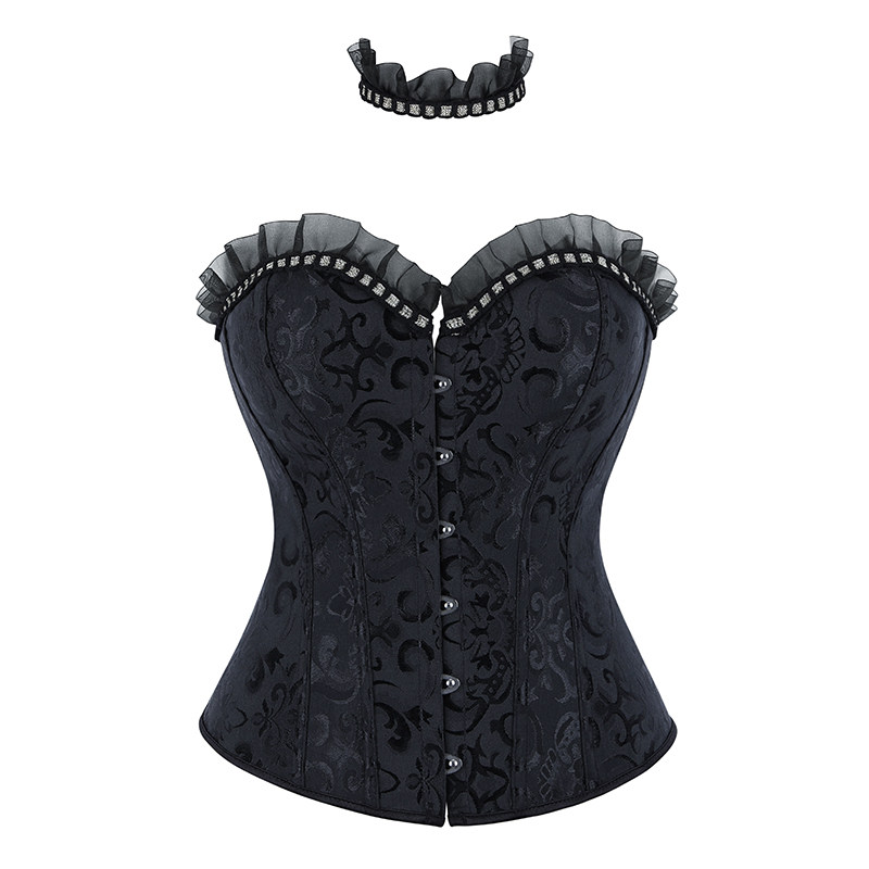 Sexy Women Black Corset Bustier Vintage Gothic Elegant Lady Party Corsets Lace-up Mesh Ruffles Strapless Top Waist Trainer WKD6821