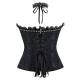Sexy Women Black Corset Bustier Vintage Gothic Elegant Lady Party Corsets Lace-up Mesh Ruffles Strapless Top Waist Trainer WKD6821
