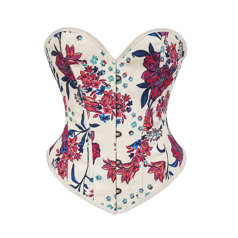 Women White Floral Print Corset Vintage Lace Up Bustier for Clubwear Daily AM22152