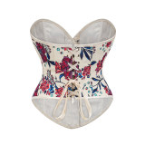 Women White Floral Print Corset Vintage Lace Up Bustier for Clubwear Daily AM22152