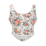 Vintage Gothic Women Corsets Lace Up Zip Floral Prints Corset Tank Top Sexy Waist Trainer Body Shaper Shapewear Slimming Vest AMC467