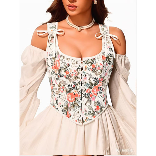 Vintage Gothic Women Corsets Lace Up Zip Floral Prints Corset Tank Top Sexy Waist Trainer Body Shaper Shapewear Slimming Vest AMC467