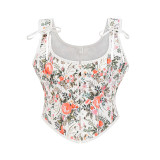 Vintage Gothic Women Corsets Lace Up Zip Floral Prints Corset Tank Top Sexy Waist Trainer Body Shaper Shapewear Slimming Vest AMC467