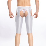 Gay Mens Glossy Mid Waist Tights Hot Cutout Leggings Crotch Open Sex Skinny Pants Lingerie Crotchless Pantyhose Leggings XX70655