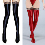 Women Patchwork Step Stockings PVC Shiny High Stockings PU Faux Leather Boot Thigh-High Open Foot Maid Stockings Stage Wear XX90155