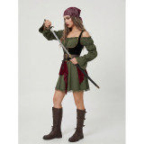 Women's Pirate Costume Off Shoulder Puff Sleeve Dress with Corset Waist Belt, Renaissance Medieval Halloween Cosplay Outfit YM0950