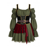 Women's Pirate Costume Off Shoulder Puff Sleeve Dress with Corset Waist Belt, Renaissance Medieval Halloween Cosplay Outfit YM0950