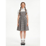 Women's Oktoberfest Bavarian Costume 2 Piece Outfit Puff Sleeve Blouse Gingham Plaid Pinafore Midi Dress Farm Dirndl Dress for Halloween Party YM8832
