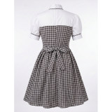 Women's Oktoberfest Bavarian Costume 2 Piece Outfit Puff Sleeve Blouse Gingham Plaid Pinafore Midi Dress Farm Dirndl Dress for Halloween Party YM8832
