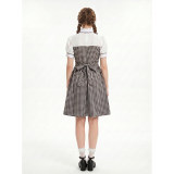 Women's Oktoberfest Bavarian Costume 2 Piece Outfit Puff Sleeve Blouse Gingham Plaid Pinafore Midi Dress Farm Dirndl Dress for Halloween Party YM8832