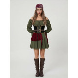 Women's Pirate Costume Off Shoulder Puff Sleeve Dress with Corset Waist Belt, Renaissance Medieval Halloween Cosplay Outfit YM0950