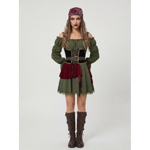 Women's Pirate Costume Off Shoulder Puff Sleeve Dress with Corset Waist Belt, Renaissance Medieval Halloween Cosplay Outfit YM0950