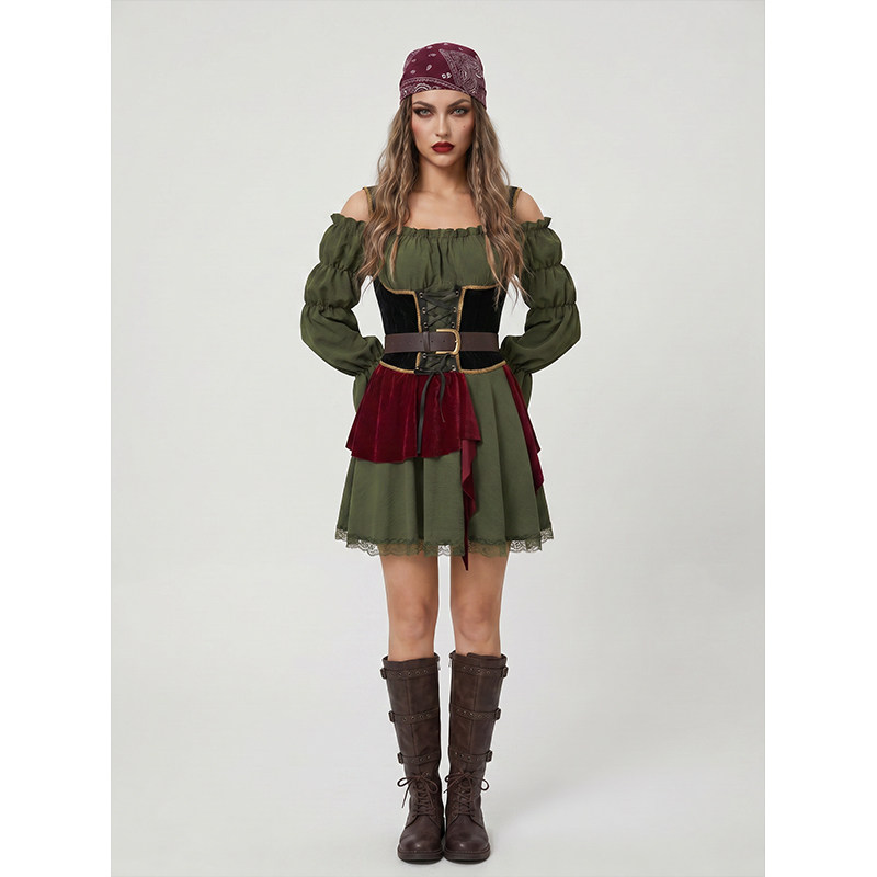 Women's Pirate Costume Off Shoulder Puff Sleeve Dress with Corset Waist Belt, Renaissance Medieval Halloween Cosplay Outfit YM0950
