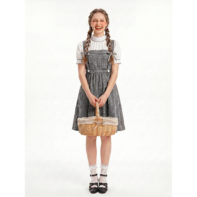 Girls 2 Piece Farm Girl Outfit Stand Collar Puff Sleeve Shirt Black White Check Pinafore Dress Children Oktoberfest Cosplay Costume