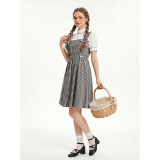 Women's Oktoberfest Bavarian Costume 2 Piece Outfit Puff Sleeve Blouse Gingham Plaid Pinafore Midi Dress Farm Dirndl Dress for Halloween Party YM8832
