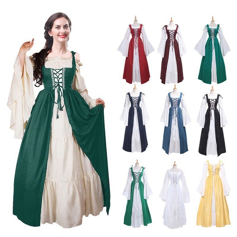 Medieval Vintage Party Dress Cosplay Costumes Women Palace Noble Long Robes Retro Flare Long Sleeve Bandage Princess Dresses HW9999