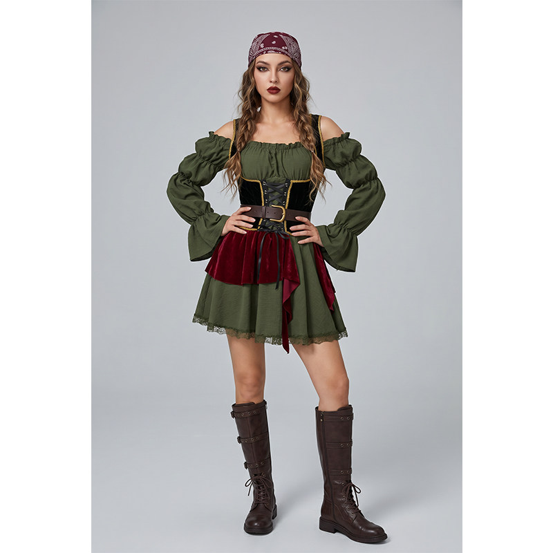 Women's Pirate Costume Off Shoulder Puff Sleeve Dress with Corset Waist Belt, Renaissance Medieval Halloween Cosplay Outfit YM0950
