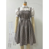 Women's Oktoberfest Bavarian Costume 2 Piece Outfit Puff Sleeve Blouse Gingham Plaid Pinafore Midi Dress Farm Dirndl Dress for Halloween Party YM8832