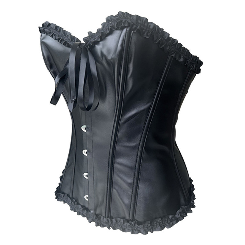 Strapless Sweetheart Faux Leather Corset Ruffle Edge Lace Up Waist Cincher LQ822