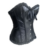 Strapless Sweetheart Faux Leather Corset Ruffle Edge Lace Up Waist Cincher LQ822