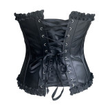 Strapless Sweetheart Faux Leather Corset Ruffle Edge Lace Up Waist Cincher LQ822