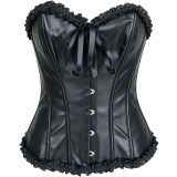Strapless Sweetheart Faux Leather Corset Ruffle Edge Lace Up Waist Cincher LQ822