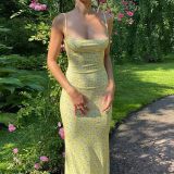 Ditsy Floral Spaghetti Strap Midi Dress Cowl Neck Bodycon Summer Holiday Dress DMS2287