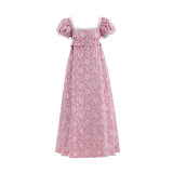 Women Pink Floral Maxi Dress Square Neck Puff Short Sleeve Pearl Trim High Waist A Line Long Dress Elegant Vacation Casual Sundress PA1792