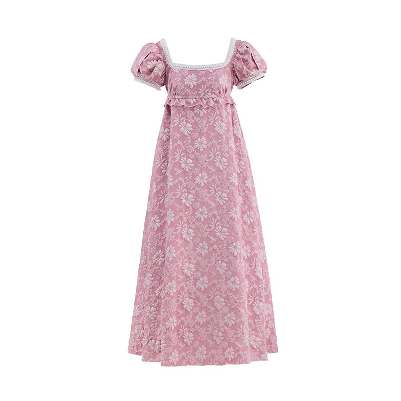 Women Pink Floral Maxi Dress Square Neck Puff Short Sleeve Pearl Trim High Waist A Line Long Dress Elegant Vacation Casual Sundress PA1792