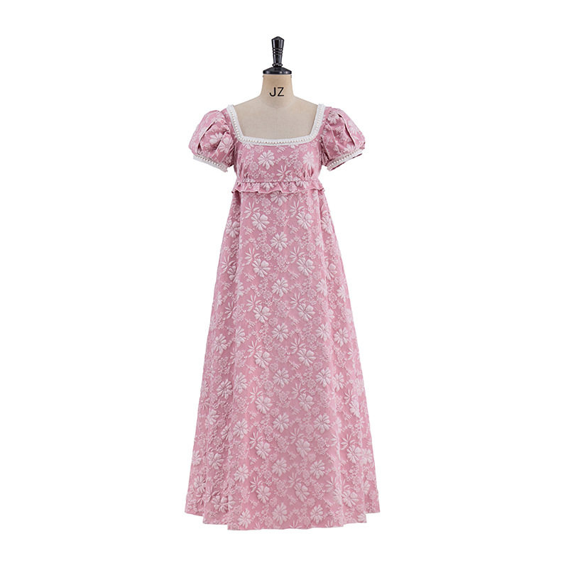 Women Pink Floral Maxi Dress Square Neck Puff Short Sleeve Pearl Trim High Waist A Line Long Dress Elegant Vacation Casual Sundress PA1792