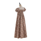 Women Pink Floral Maxi Dress Square Neck Puff Short Sleeve Pearl Trim High Waist A Line Long Dress Elegant Vacation Casual Sundress PA1792